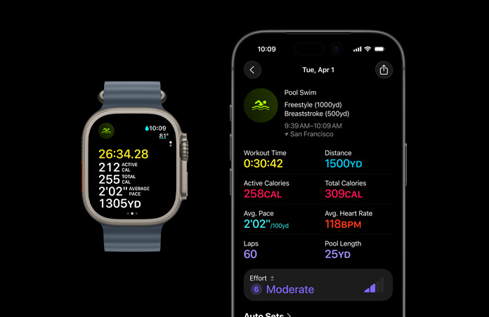Apple Watch Ultra 3, värinä luonnontitaani, titaanikuori, Ocean-ranneke, värinä ankkurinsininen, käynnissä oleva uintitreeni, laajempi treenitietojen erittely iPhonessa