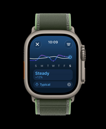 Apple Watch Ultra 3, värinä luonnontitaani, titaanikuori, treenikuorman viivakaavio ja kalenteri, Trail-ranneke, värinä vihreä/neon