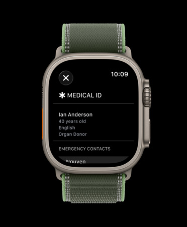 Apple Watch Ultra 3, värinä luonnontitaani, titaanikuori, SOS-tiedot-näyttö, Trail-ranneke, värinä vihreä/neonväri