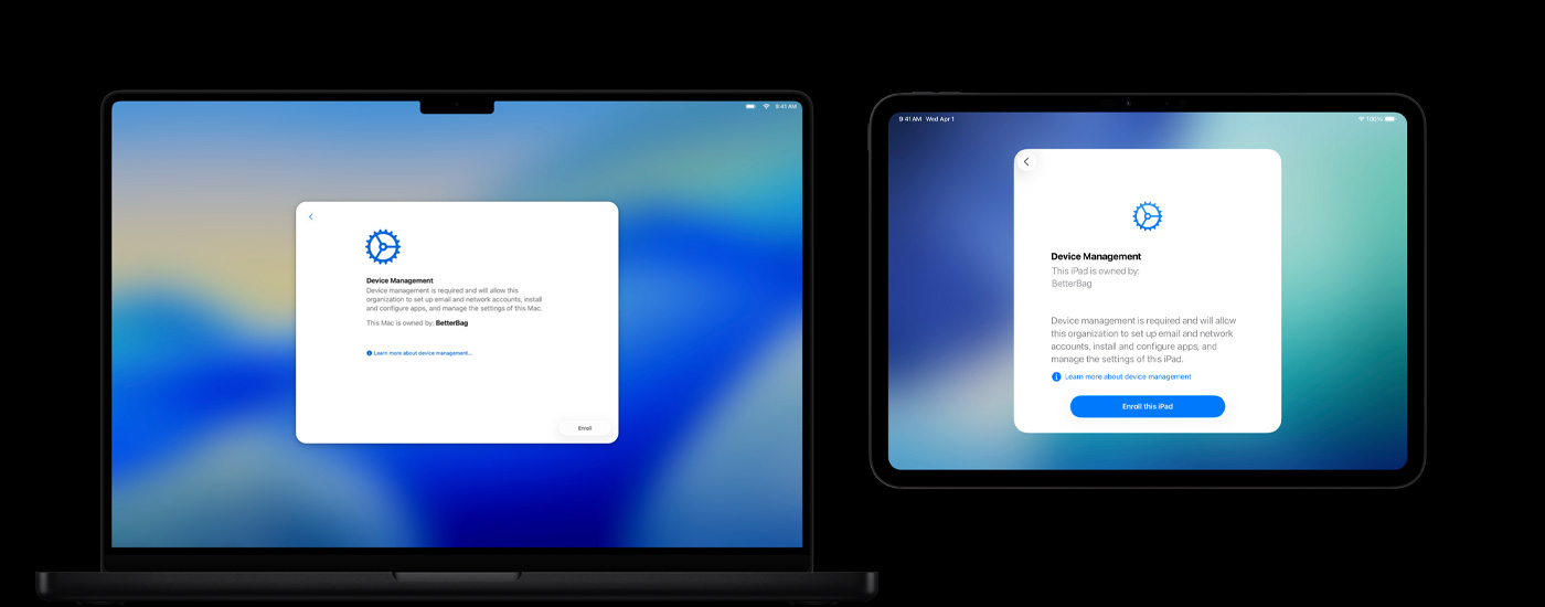 Two Apple devices side by side: A Mac computer displaying a Device Management window, and an iPad showing a Device Management screen.