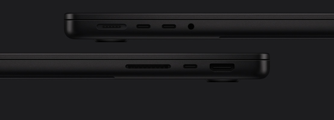 MacBook Proのポート。左側にMagSafe、2つのThunderboltポート、ヘッドフォンジャック。右側にSDXCカードスロット、Thunderboltポート、HDMIポート