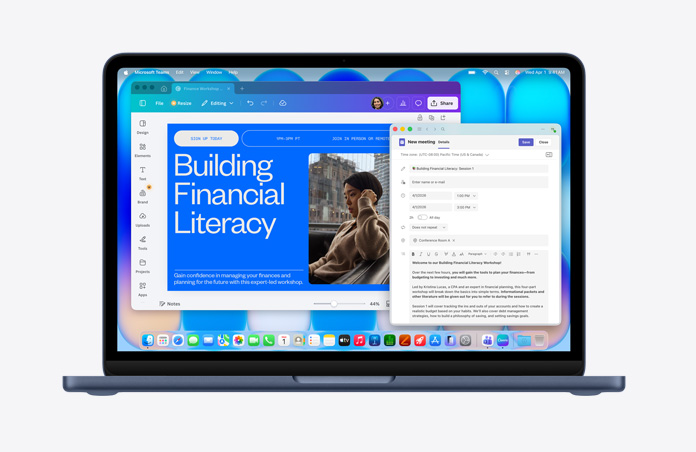 ミッドナイトのMacBook Neo。画面には人物画像が配置された「Building Financial Literacy」のウェブページ、メールの下書き画面、各種アイコンが並ぶメニューバー、アプリのアイコンが並ぶDockが表示されている