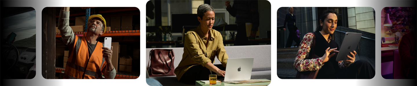 様々な職場で働く人々がiPhone、MacBook、iPadなどのApple製品を使用している