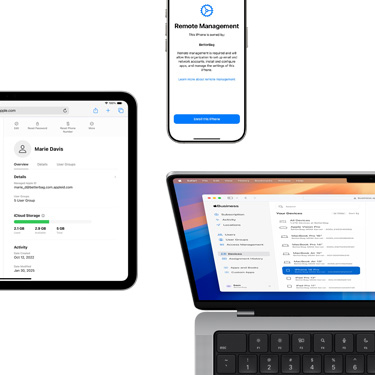 iPad, iPhone a MacBook a na nich otevřené různé součásti Apple Business Manageru.