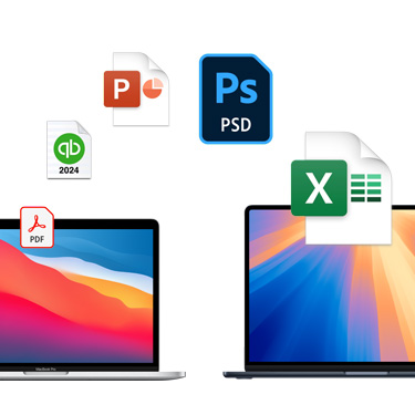 To MacBooker vist forfra med ulike, fargerike skrivebordsbakgrunner. Fil-symboler vises i en bue over MacBookene. Fil-symbolene inkluderer filer fra Acrobat, Quickbooks, PowerPoint, Photoshop og Excel.
