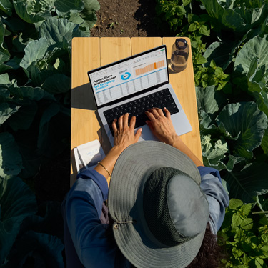 En kvinne i bredbremmet hatt vist ovenfra jobber med en bedriftspresentasjon på en MacBook, sittende ved et bord i en hage.