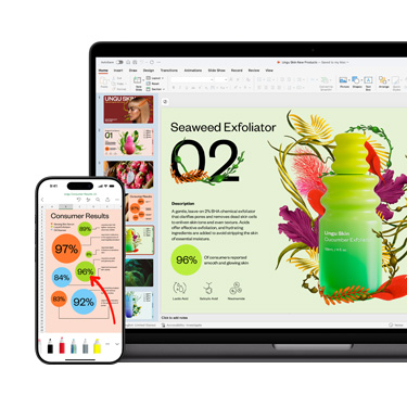 En Mac og en iPhone vist forfra med ulike deler av den samme fargerike presentasjonen med fokus på et hudpleieprodukt.