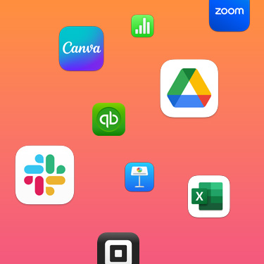 Symboler for produktivitetsapper, inkludert Slack, Canva, Google Workspace, Zoom, Quickbooks, Keynote, Excel, Square og Numbers mot en fargerik bakgrunn.