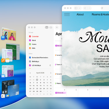 Se muestra una pantalla de macOS Tahoe con varias ventanas y apps, como Keynote, Pages, Mail y un sitio web con contenido sobre un lugar de relajación.