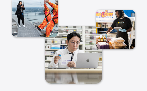 Imágenes de varias pymes, con un farmacéutico en bata de laboratorio interactuando con un MacBook, una instructora de bungee jumping fotografiando con un iPhone a dos personas que están por saltar y un hombre sosteniendo un iPad mientras manipula alimentos.