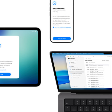 Ein iPad, ein iPhone und ein MacBook zeigen verschiedene Komponenten von Apple Business Manager.
