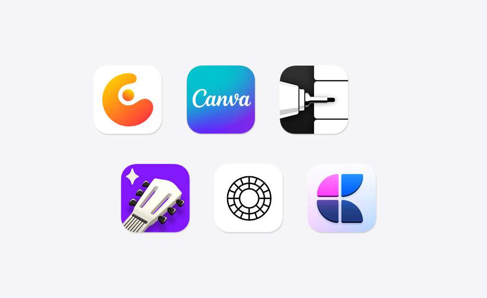 Varios íconos de apps dispersos, como Concepts, Canva, Flow Note Taking, Simply Guitar, VSCO y Craft