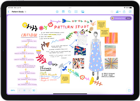 En la app Freeform de un iPad, hay varias notas adhesivas en un pizarrón con el título Pattern Study