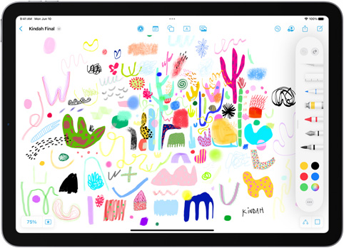 En un iPad, la sección de herramientas de dibujo en la app Freeform está abierta sobre un dibujo colorido