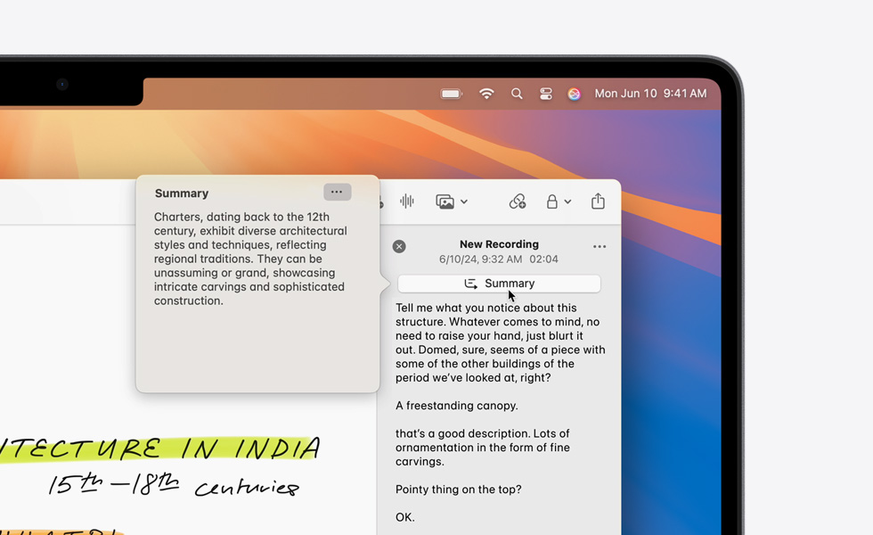 Resumen de una transcripción de audio en la app Notas en una MacBook, creado con la herramienta Resúmenes de Apple Intelligence