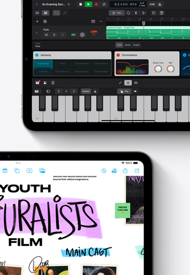 Dos iPad muestran las apps LogicPro y Freeform.