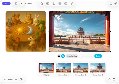 Screen shows the Freeform app showing two Apple Creator Studio features: Image Generation and Auto Crop.