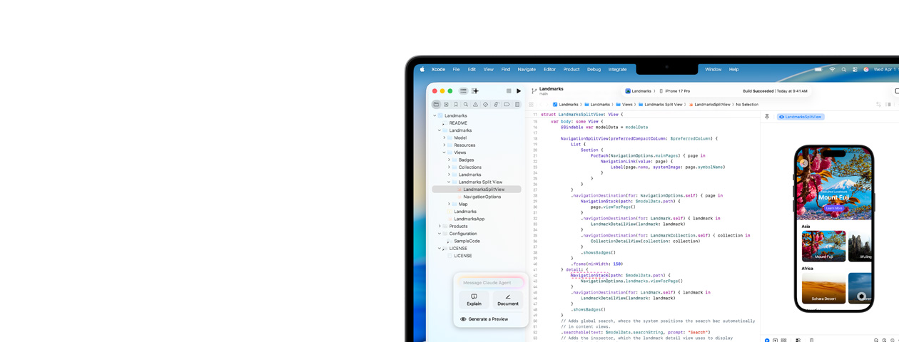 Xcode running on Mac, featuring AI coding assistant Claude Agent and app preview on iPhone