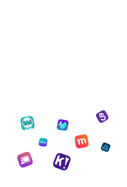 Burst of K-12 app partner icons, Jamf Teacher, Kaligo, Canva, Kahoot!, Foxar, Magma Math, Seesaw, and Showbie