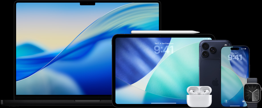 Apple products, including MacBook Pro, iPad, Apple Pencil Pro, AirPods Pro 2, iPhone 17 Pro Max, iPhone 17 Pro, and Apple Watch Series 11.