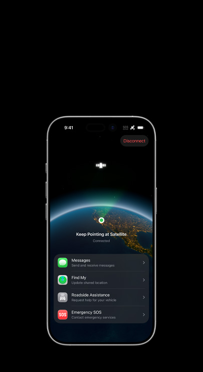 An iPhone shows a satellite view of the U.S., and a notification to send and receive messages when Wi-Fi and cellular are not available, with a list of features: Messages, Find My, Roadside Assistance, Emergency SOS