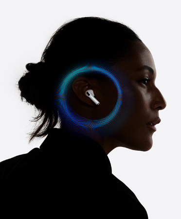 Egy AirPods Pro 2-t viselő felhasználó fülei körül animált hanghullámok láthatók