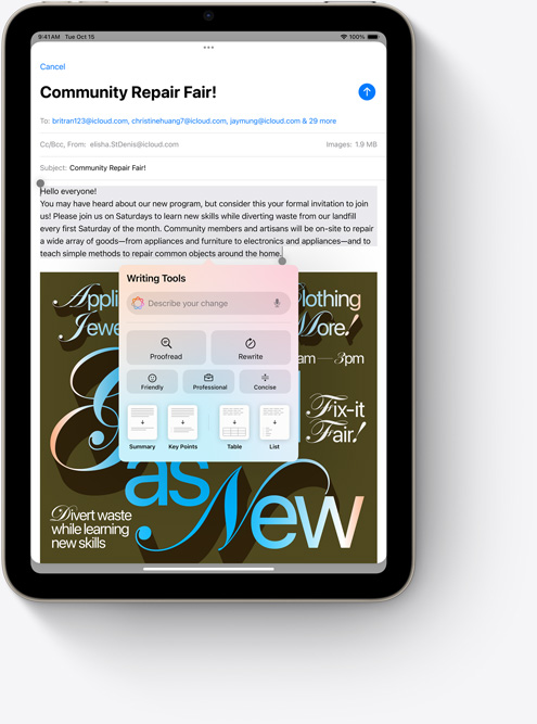 Een iPad mini met Schrijfhulp in Mail, een nieuwe Apple Intelligence-feature.