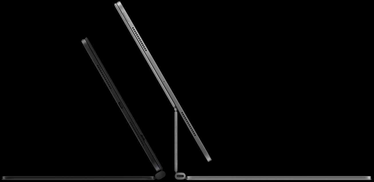 2 iPad Pro fixés à un Magic Keyboard, à gauche : iPad Pro, vue latérale, noir sidéral, micros, fixé à un Magic Keyboard, vue latérale, noir sidéral, profil fin, iPad Pro incliné à 45 degrés, à droite : iPad Pro, vue latérale, argent, micros, fixé à un Magic Keyboard, vue latérale, argent, iPad Pro incliné à 45 degrés montrant le design suspendu de type cantilever du clavier et le connecteur USB‑C