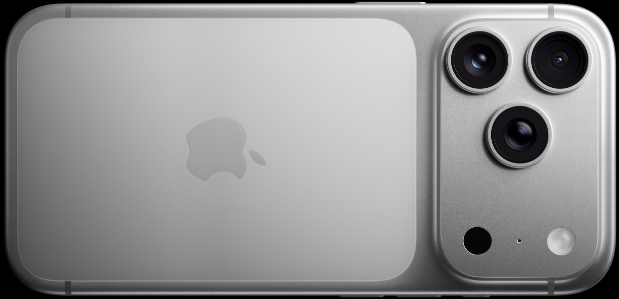 銀色 iPhone 17 Pro 的機身背面，展示 Pro 融合相機系統，包括 3 個鏡頭、咪高風和閃光燈