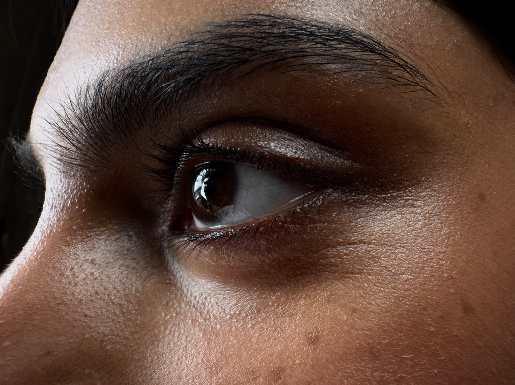 Femme photographiée dans une pièce vide. Gros plan sur le côté d’un visage de femme avec mise au point sur son œil, l’app Photos montre les distances focales pour illustrer les capacités du système caméra Pro : macro