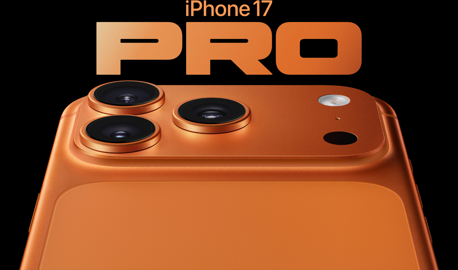 iPhone 17 Pro, orange cosmique, face arrière partiellement visible, système caméra Pro Fusion dans le coin supérieur gauche, 3 objectifs, microphone, flash