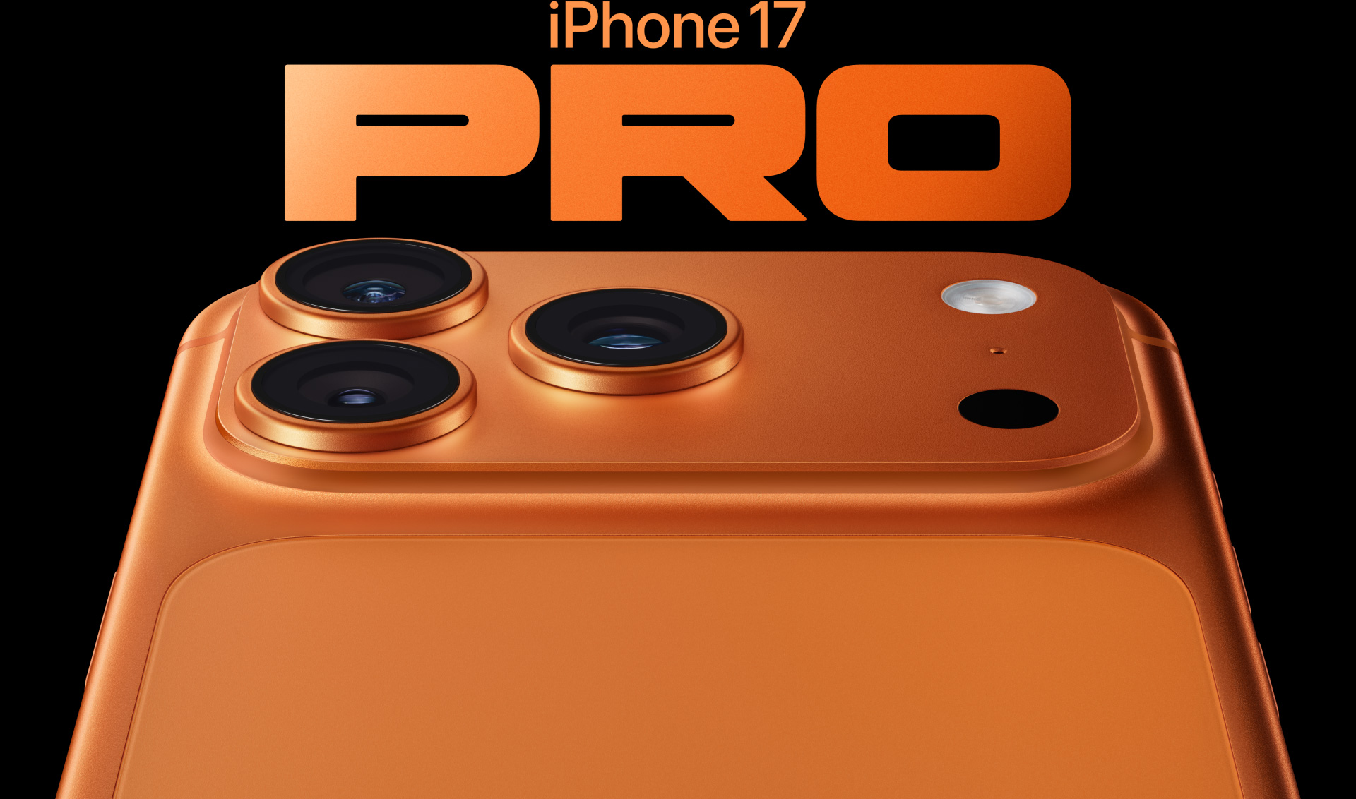iPhone 17 Pro, orange cosmique, face arrière partiellement visible, système caméra Pro dans le coin supérieur gauche, 3 objectifs, microphone, flash