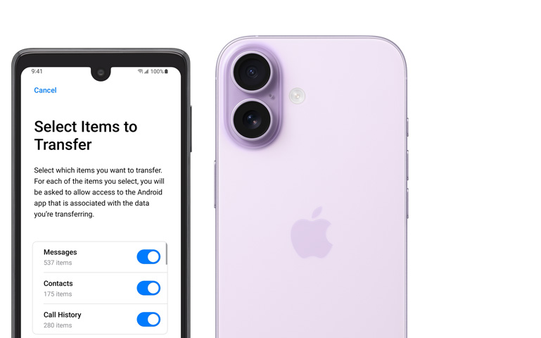 Pokazane obok siebie ekran urządzenia z systemem Android z widoczną aplikacją Przenieś do iOS, tył iPhone’a 17 z zaawansowanym systemem dwóch aparatów w lewym górnym rogu