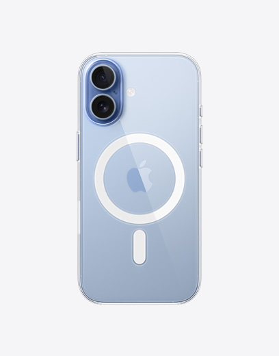 iPhone 17, parte trasera, carcasa transparente con MagSafe, sistema de dos cámaras Fusion en la esquina superior izquierda