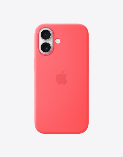 iPhone 17, parte trasera con carcasa de silicona color guayaba brillante, sistema de dos cámaras Fusion en la esquina superior izquierda, logo de Apple en el centro