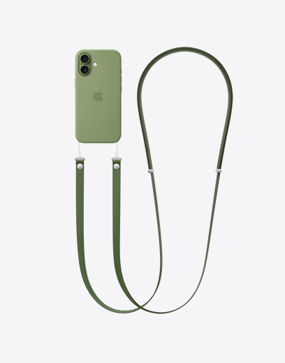 iPhone 17, parte trasera, carcasa verde, una correa cruzada verde