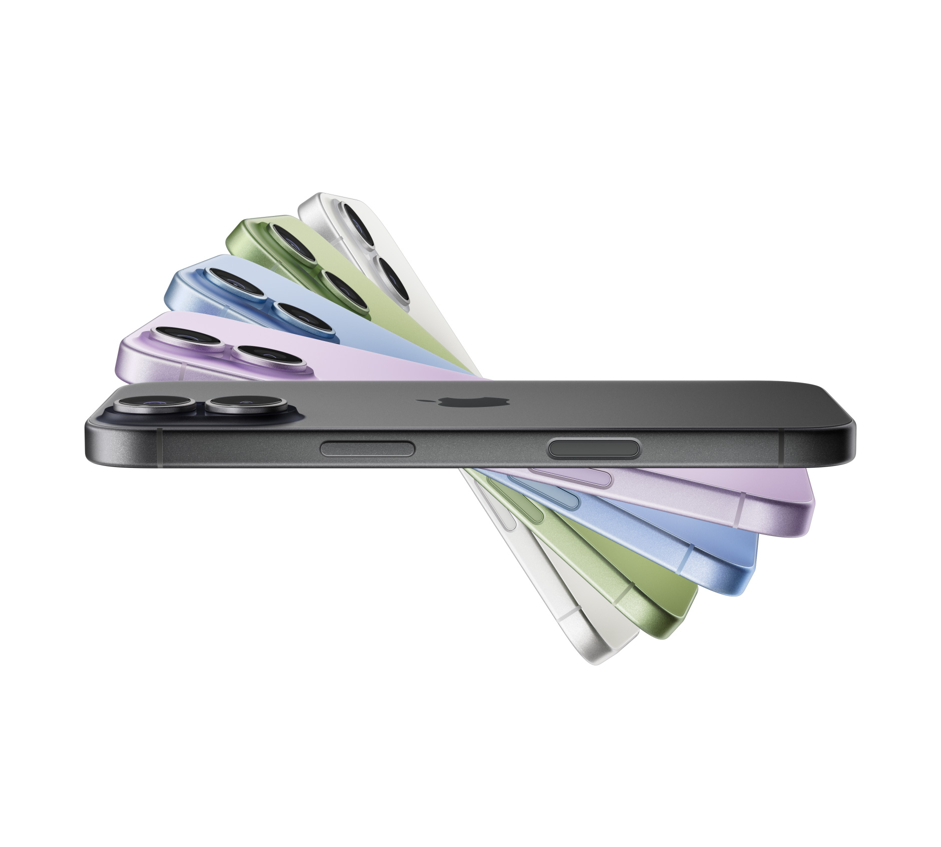 Dispositivos iPhone 17 ubicados en forma de abanico, colores: negro, color lavanda, azul neblina, color salvia, blanco