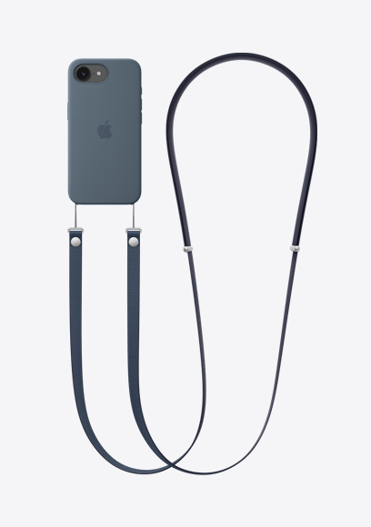 黑色 iPhone 17e 機身背面，套有藍色 MagSafe 矽膠護殼，連接藍色斜孭掛繩