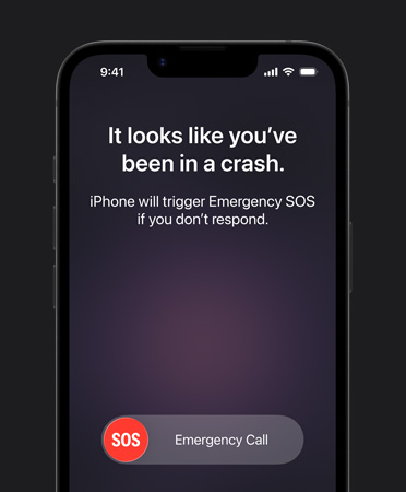 Przód obudowy iPhone’a 17e, na ekranie widać działanie funkcji Wykrywanie wypadków