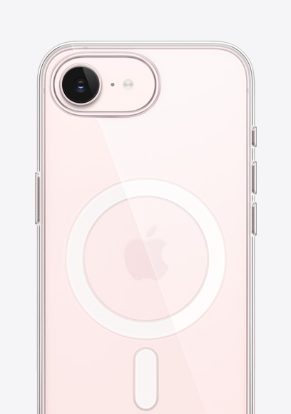 iPhone 17e, Rückseite, Farbe Hellrosa, Clear Case mit MagSafe, Fusion Kamera oben, Apple Logo in der Mitte