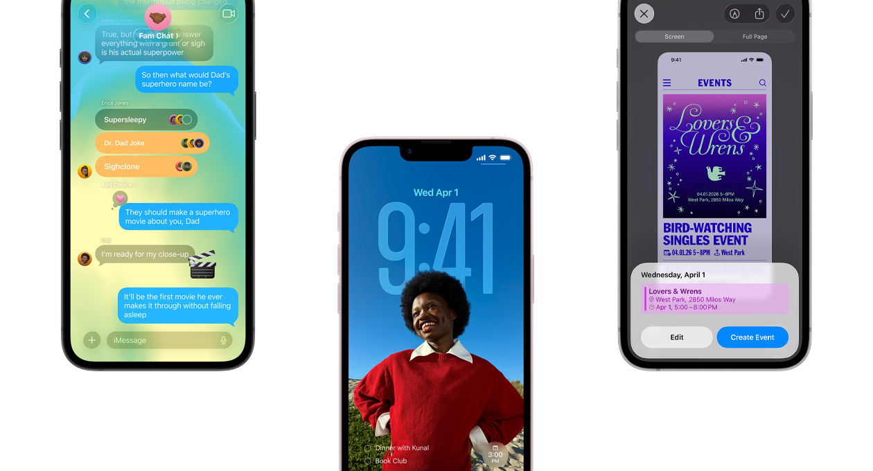 Drei iPhone 17e Geräte, Vorderseiten, die die Nachrichten App mit Liquid Glass Design, den dynamischen Sperrbildschirm und das Feature für Bildschirmfotos mit einem Kalenderereignis zeigen