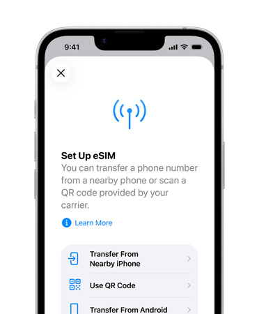 iPhone 17e, Vorderseite, das Feature eSIM konfigurieren wird verwendet, um eine Telefonnummer von einem Telefon in der Nähe oder mit einem QR Code zu übertragen