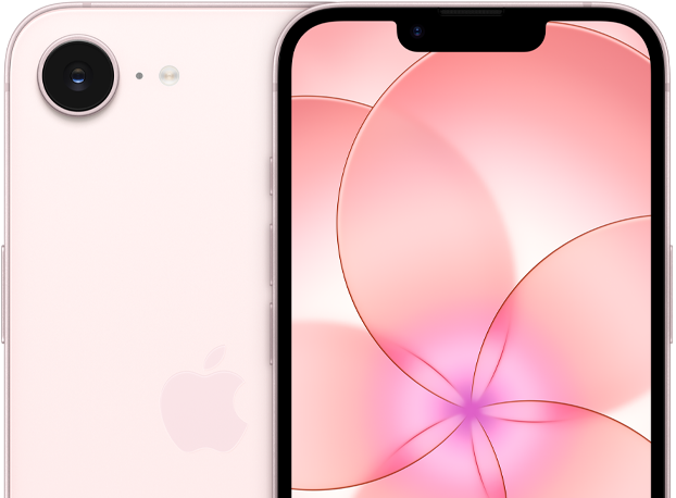 iPhone 17e, Vorderseite, Farbe Hellrosa, Teilansicht der Rückseite eines iPhone 17e und dessen Kamera