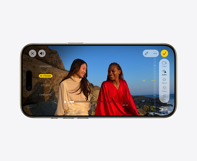 iPhone Air, predná vonkajšia strana, profesionálne video so zapnutým mixom audia