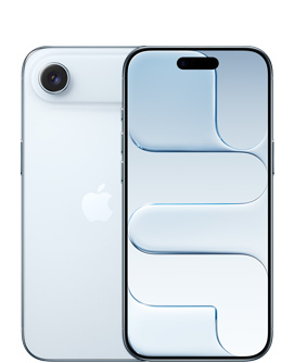 iPhone Air, zadná vonkajšia strana, nebeská modrá farba, sústava kamery Fusion navrchu, logo Apple v strede, predná vonkajšia strana, nebeská modrá farba, vycentrovaný Dynamic Island navrchu