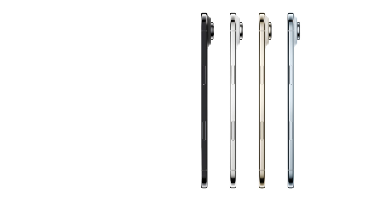 iPhone Air, bočná vonkajšia strana, farby: nebeská modrá, svetlozlatá, oblačná biela a kozmická čierna, veľmi tenký profil, sústava kamier Fusion, tlačidlá: bočné tlačidlo, Ovládanie kamery
