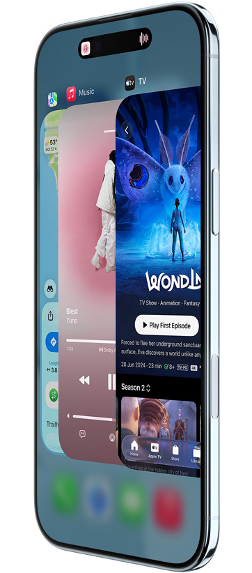 iPhone Air, predná vonkajšia strana, bočná vonkajšia strana s apkami, ako Mapy, Hudba a Apple TV, zobrazuje sa používanie funkcie prepínača apiek