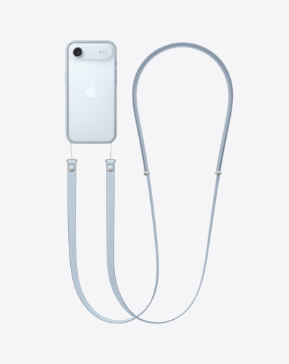 iPhone Air, face arrière, coque Bumper bleu clair attachée à une Bandoulière