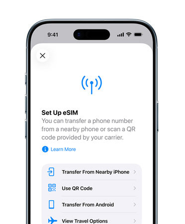 iPhone Air, face avant, fonctionnalité Activer le forfait cellulaire en cours d’utilisation pour transférer facilement un numéro de téléphone avec l’eSIM