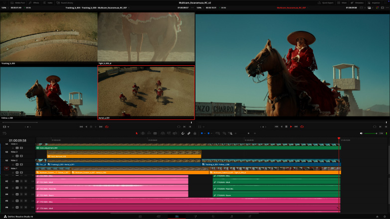 Studio DisplayとMac Studio。DaVinci Resolve Studioを使ったマルチカメラビデオの編集ワークフローが表示されている
